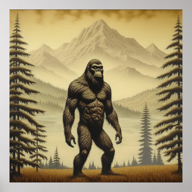 Vintage Bigfoot in the Mountains and Pines Poster (Front)