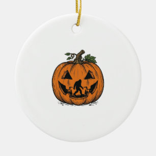 Vintage Bigfoot Pumpkin Halloween Vector Design_1 Ceramic Tree Decoration