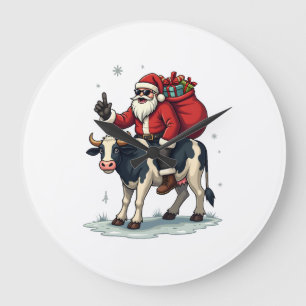 Vintage Bigfoot Santa Riding Cow Christmas Funny F Large Clock