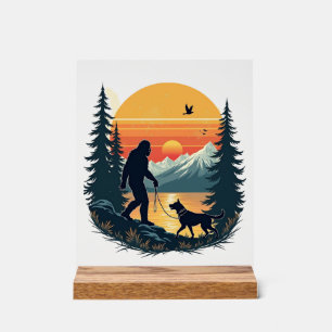 Vintage Bigfoot Walking Dog Mountain Sunset Retro Acrylic Sign