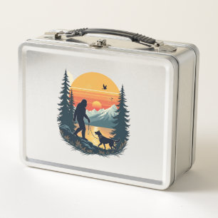 Vintage Bigfoot Walking Dog Mountain Sunset Retro Metal Lunch Box