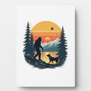 Vintage Bigfoot Walking Dog Mountain Sunset Retro  Plaque