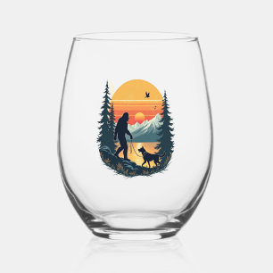 Vintage Bigfoot Walking Dog Mountain Sunset Retro Stemless Wine Glass