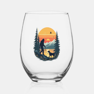 Vintage Bigfoot Walking Dog Mountain Sunset Retro  Stemless Wine Glass