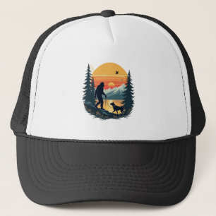 Vintage Bigfoot Walking Dog Mountain Sunset Retro  Trucker Hat