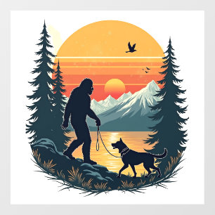 Vintage Bigfoot Walking Dog Mountain Sunset Retro  Window Cling