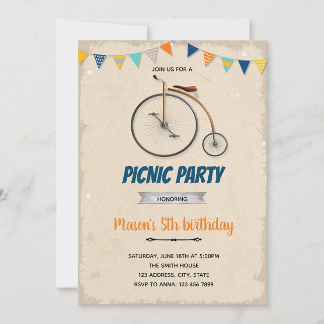 Vintage bike birthday theme invitation (Front)