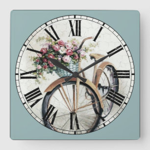 Vintage Bike w/Flowers in Basket Square Wall Clock