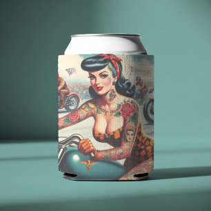 Vintage Biker Pin-up Can Cooler