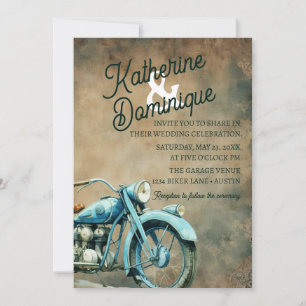 Vintage Biker Wedding Motorcycle Blue Invitation