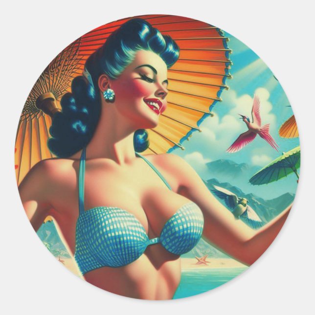 Vintage Bikini Pin-up Classic Round Sticker (Front)