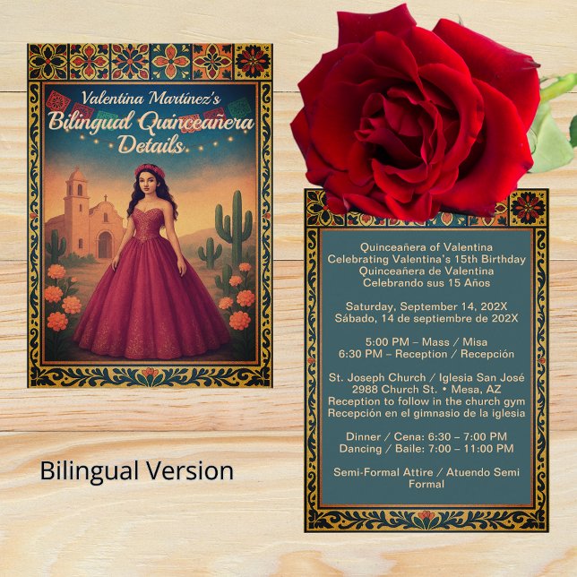 Vintage Bilingual Quinceañera Red Dress Reception Enclosure Card (Vintage Bilingual Quinceañera Red Dress Reception Enclosure Card)