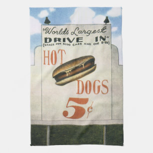 Vintage Billboard, Worlds Largest Drive In Hotdogs Tea Towel