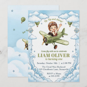 Vintage Biplane Aeroplane Boy 1st Birthday Up Away Invitation