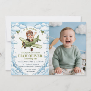 Vintage Biplane Aeroplane Boy 1st Birthday Up Away Invitation