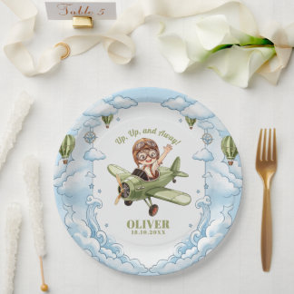 Vintage Biplane Aeroplane Boy 1st Birthday Up Away Paper Plate