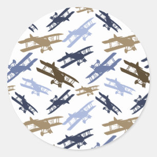 Vintage Biplane Aeroplane Pattern Blue Brown Classic Round Sticker