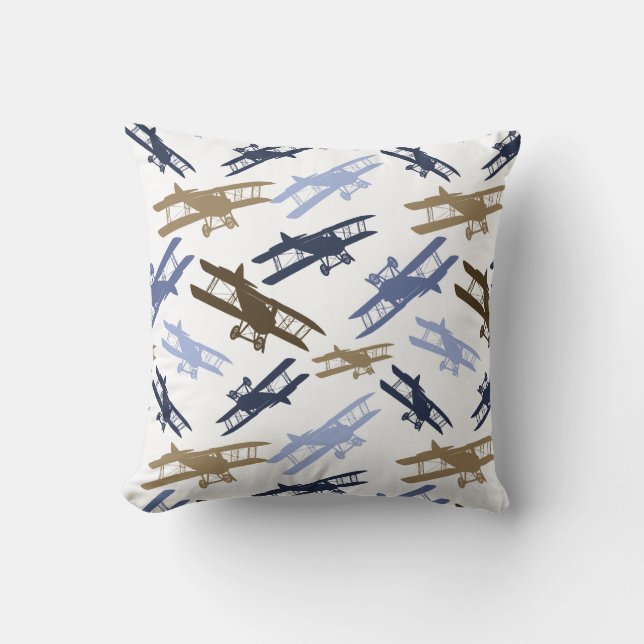 Vintage Biplane Aeroplane Pattern Blue Brown Cushion (Front)