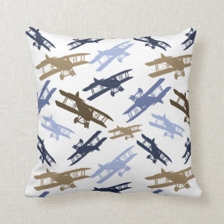 Vintage Biplane Aeroplane Pattern Blue Brown Cushion