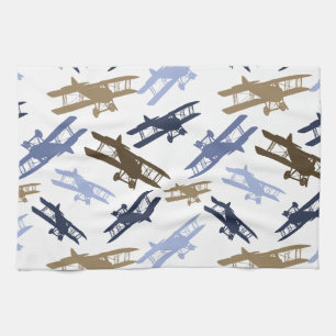 Vintage Biplane Aeroplane Pattern Blue Brown Tea Towel