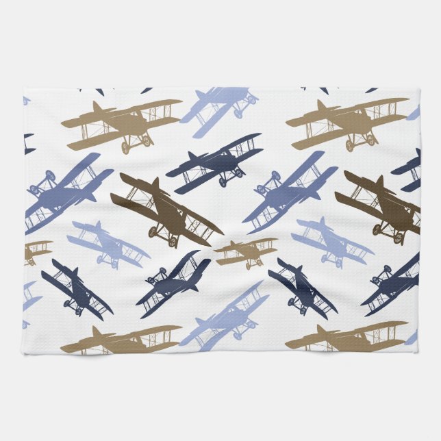 Vintage Biplane Aeroplane Pattern Blue Brown Tea Towel (Horizontal)