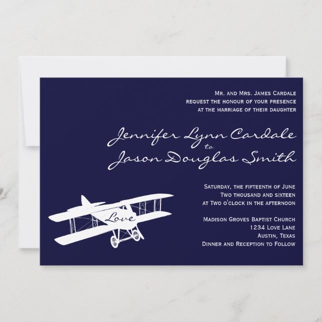 Vintage Biplane Aviator Blue Wedding Invitations (Front)