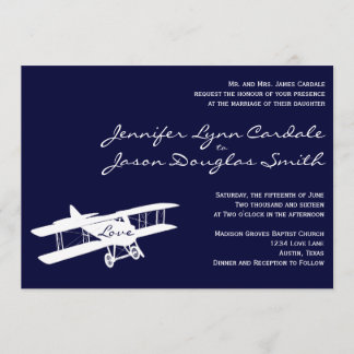Vintage Biplane Aviator Blue Wedding Invitations