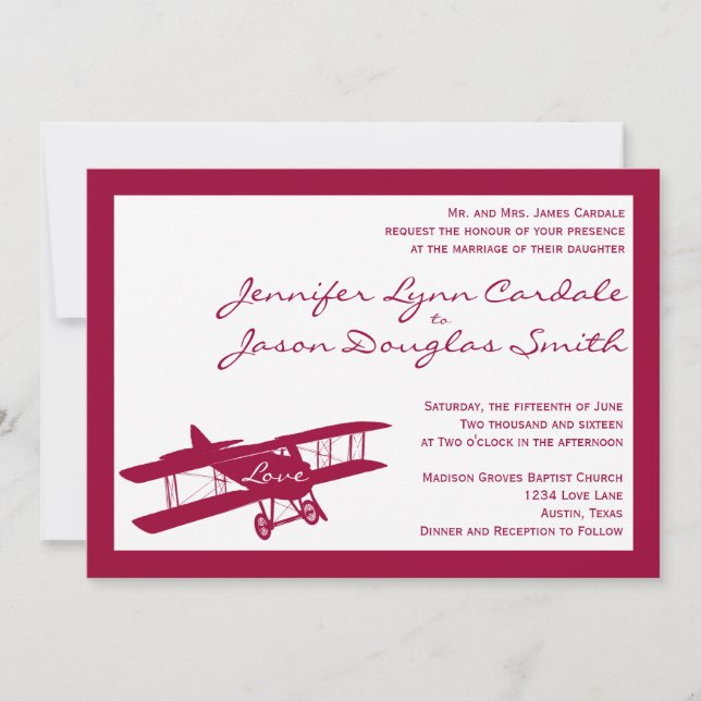 Vintage Biplane Aviator Magenta Wedding Invitation (Front)