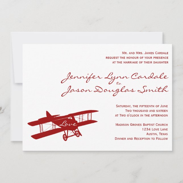 Vintage Biplane Aviator Red Wedding Invitations (Front)