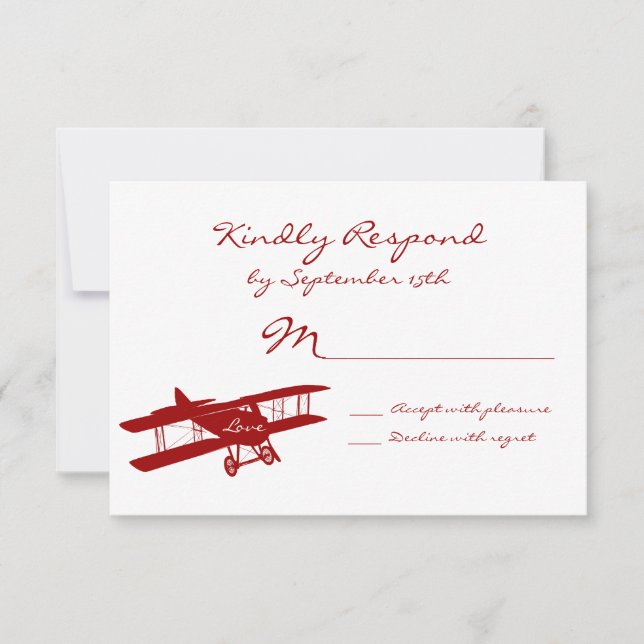Vintage Biplane Aviator Red Wedding RSVP Cards (Front)