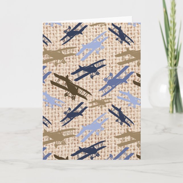 Vintage Biplane Burlap Print Aeroplane Pattern Card (Front)