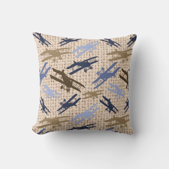 Vintage Biplane Burlap Print Aeroplane Pattern Cushion (Front)