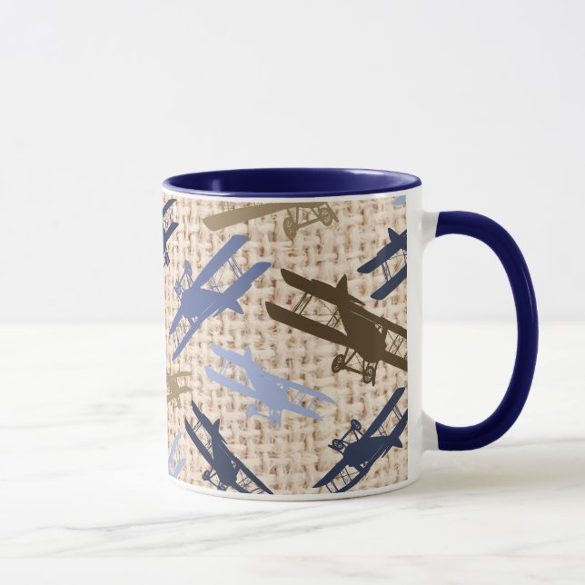 Vintage Biplane Burlap Print Aeroplane Pattern Mug (Right)