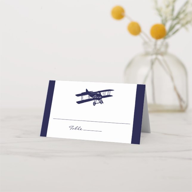 Vintage Biplane Dark Navy Blue Wedding Place Card (Front)