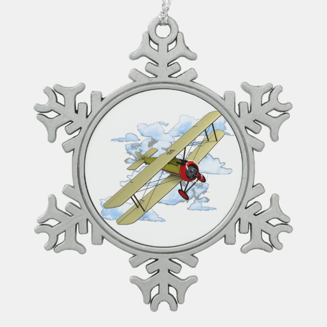 Vintage Biplane Flying Snowflake Pewter Christmas Ornament (Front)
