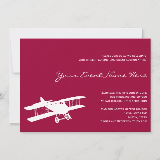 Vintage Biplane Magenta Pink Event Invitation (Front)