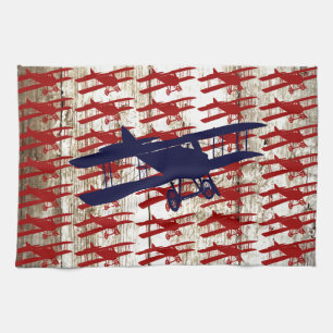 Vintage Biplane on Barn Wood Aviation Gifts Tea Towel
