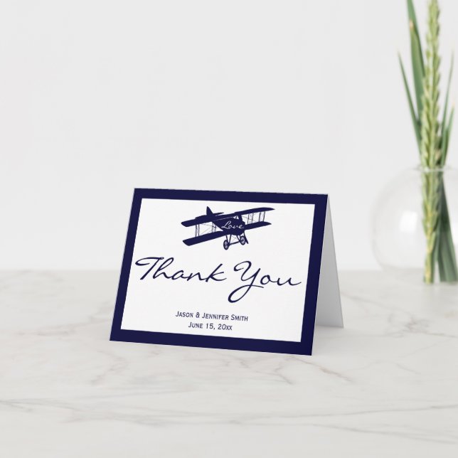 Vintage Biplane Personalised Wedding Aeroplane Thank You Card (Front)
