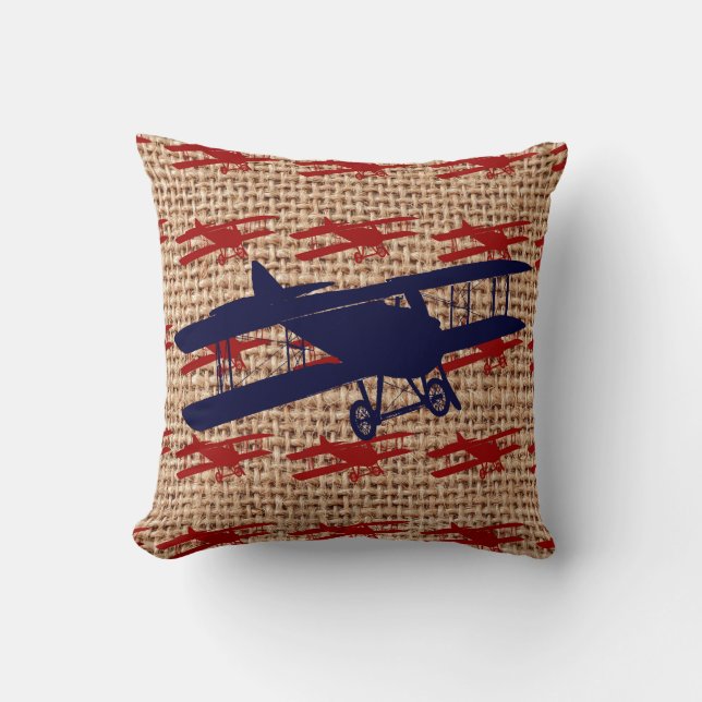 Vintage Biplane Propeller Aeroplane on Burlap Prin Cushion (Front)