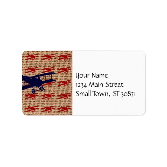 Vintage Biplane Propeller Aeroplane on Burlap Prin Label (Front)