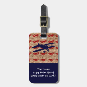 Vintage Biplane Propeller Aeroplane on Burlap Prin Luggage Tag