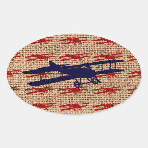 Vintage Biplane Propeller Aeroplane on Burlap Prin Oval Sticker