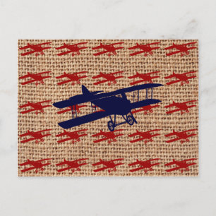 Vintage Biplane Propeller Aeroplane on Burlap Prin Postcard