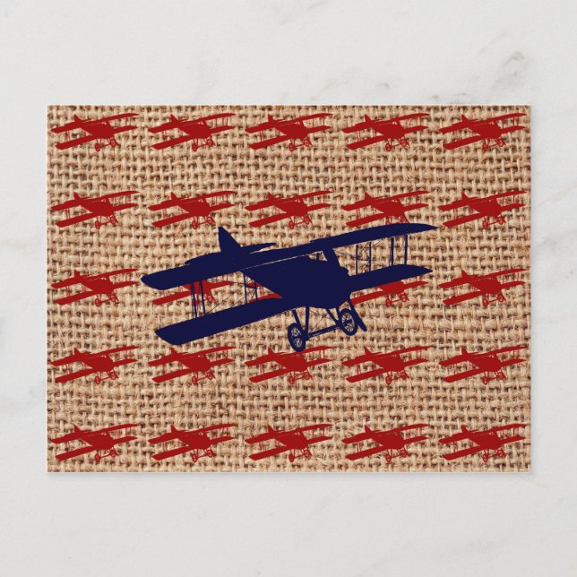 Vintage Biplane Propeller Aeroplane on Burlap Prin Postcard (Front)