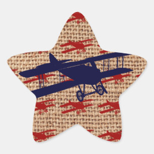 Vintage Biplane Propeller Aeroplane on Burlap Prin Star Sticker