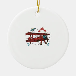 Vintage Biplane UFO Tropical Travel Shirt Design_1 Ceramic Tree Decoration