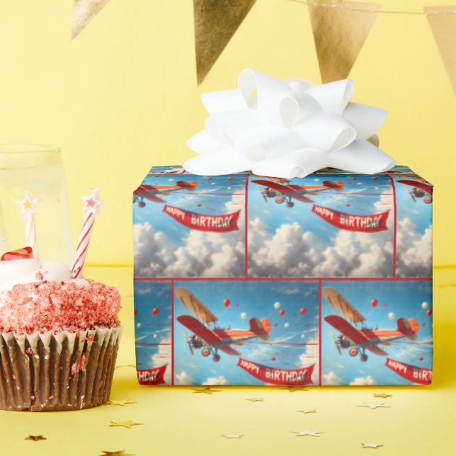 Vintage Biplane With Birthday Banner Wrapping Paper (Birthday Party)