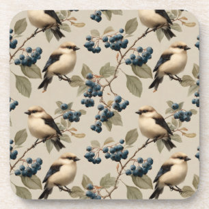 Vintage Bird and Blueberry Seamless Pattern Coaster