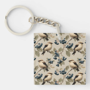 Vintage Bird and Blueberry Seamless Pattern Key Ring