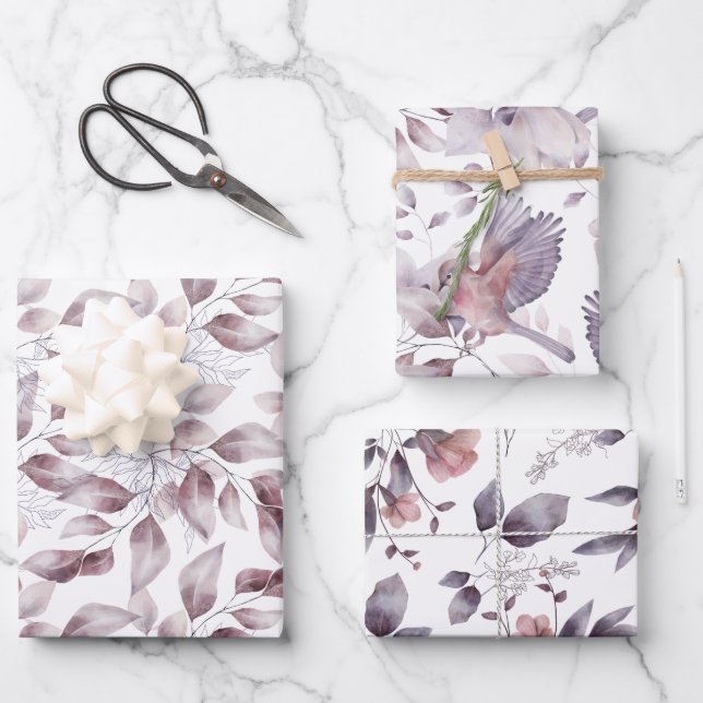 Vintage Bird and Dusty Mauve, Purple, Pink Leaves Wrapping Paper Sheet (Front)